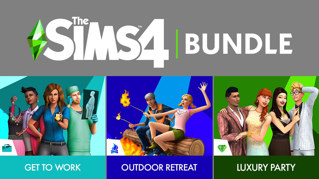 (54.2$) The Sims 4 Bundle - Get to Work, Outdoor Retreat, Luxury Party Stuff DLCs Origin CD Key